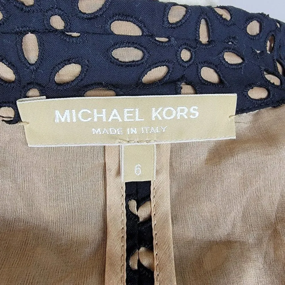 Michael Kors Made In Italy Black Caramel Cotton Silk Embroidered Cutout Blazer 6